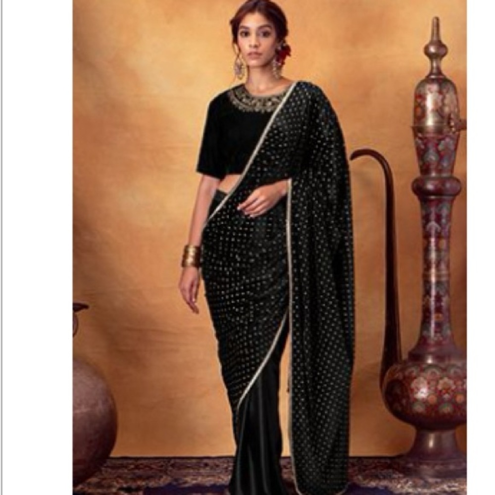 Black satin pleated foil print pre stitched velvet saree without blouse